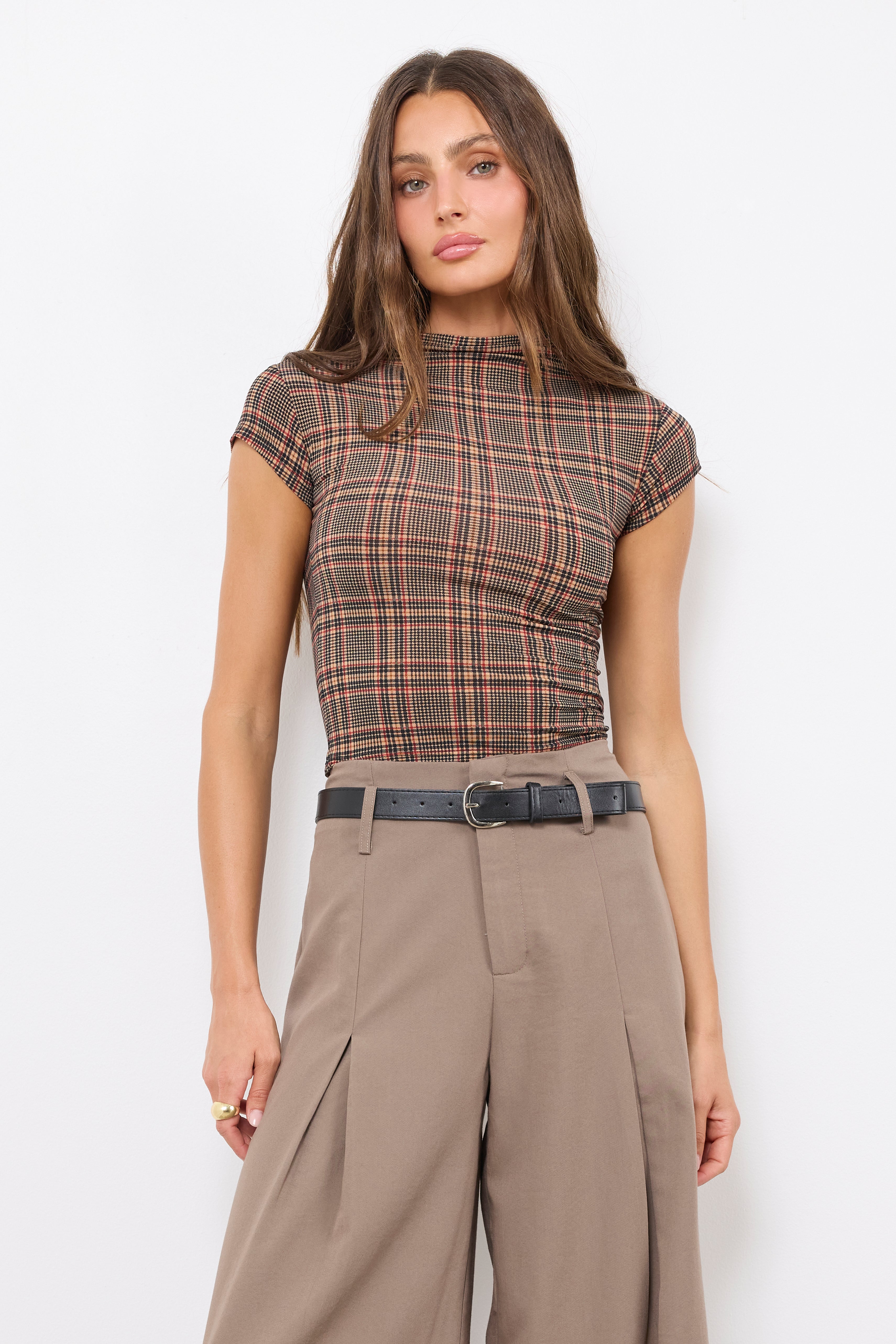 Plaid To Be Here Camel Multi Top