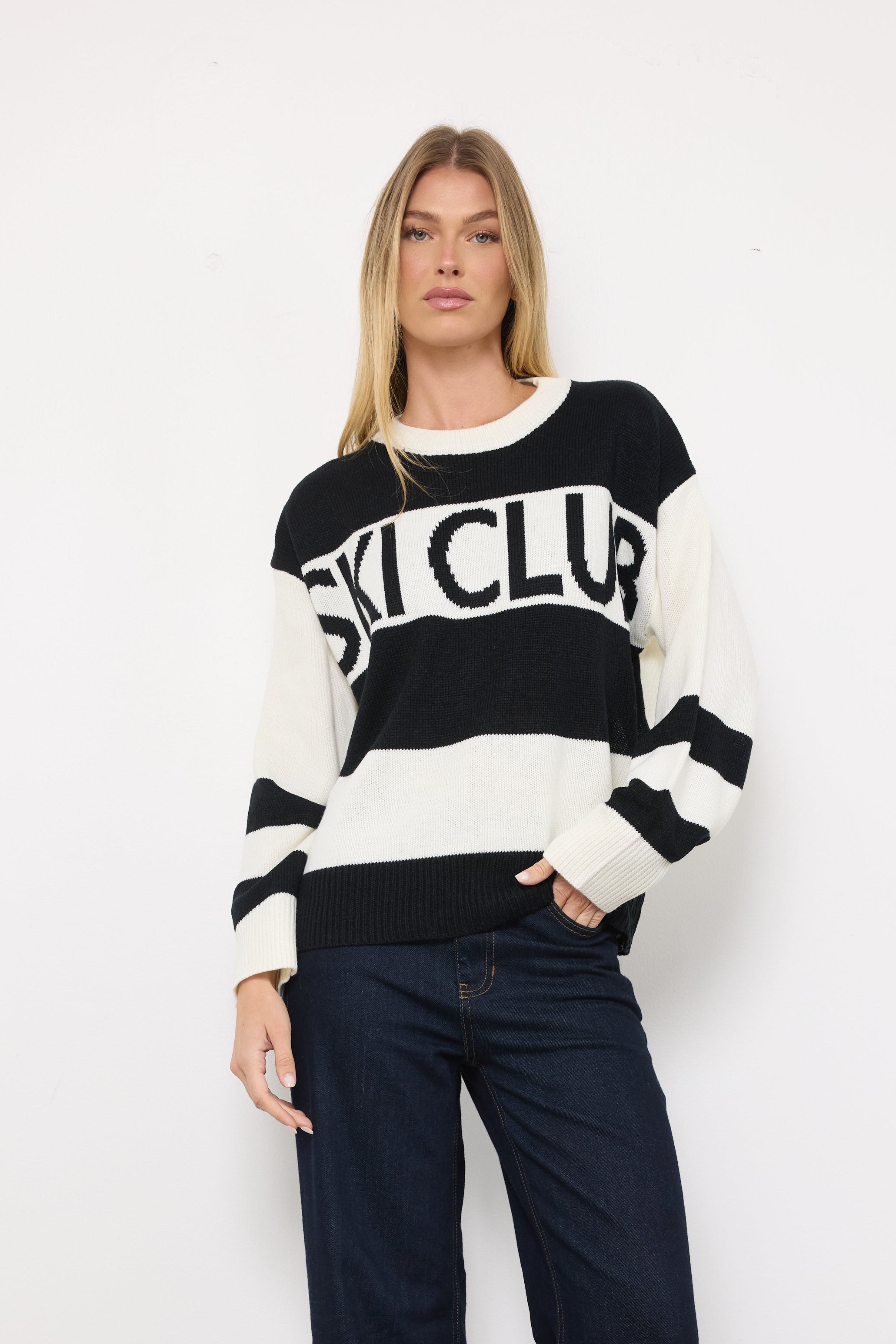 Ski Club White Black Knit Top