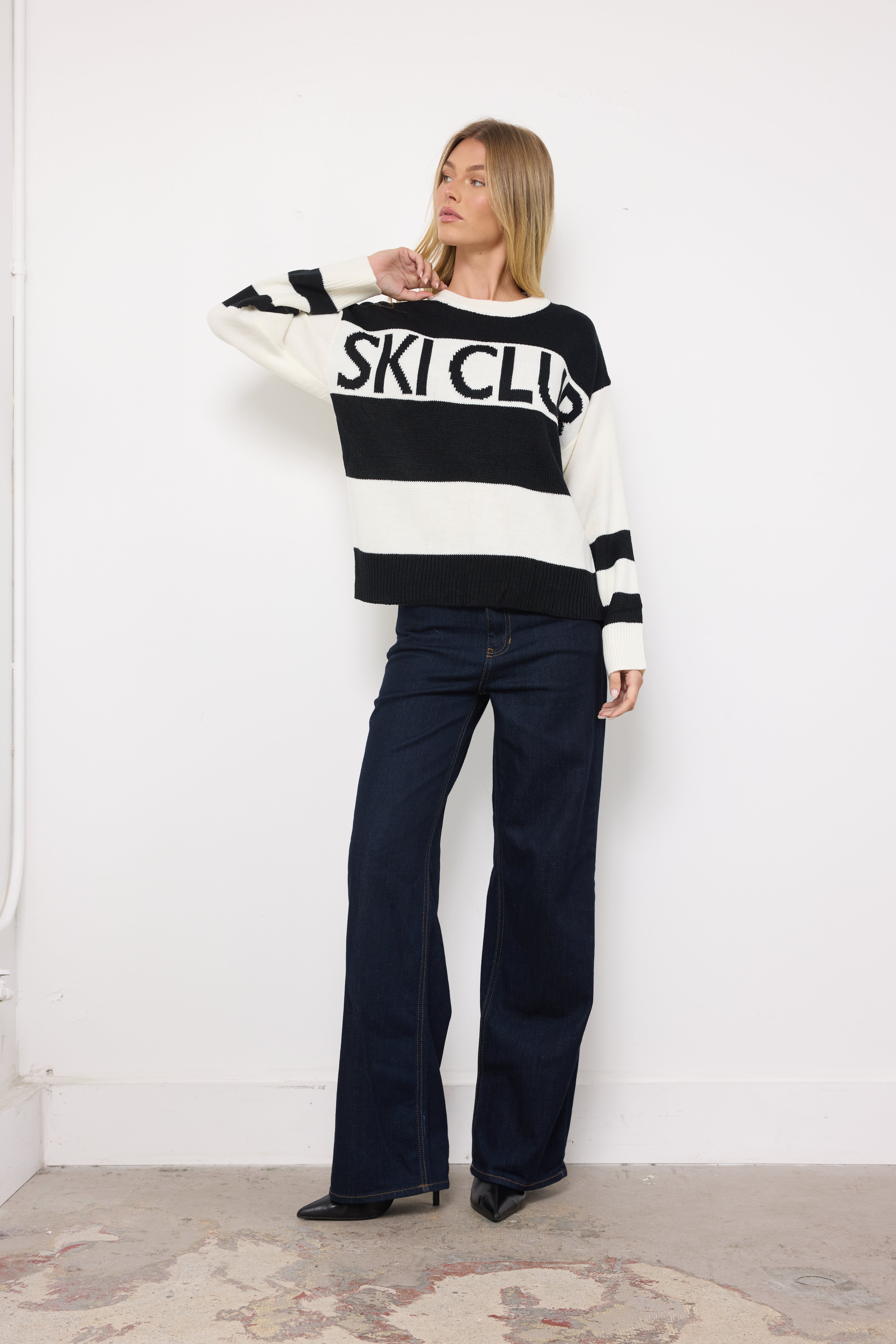 Ski Club White Black Knit Top